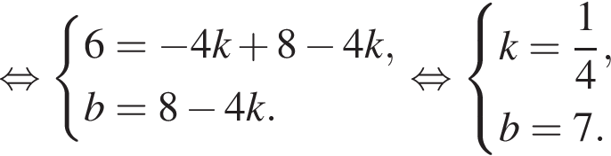  рав­но­силь­но си­сте­ма вы­ра­же­ний 6= минус 4k плюс 8 минус 4k,b=8 минус 4k. конец си­сте­мы . рав­но­силь­но си­сте­ма вы­ра­же­ний k= дробь: чис­ли­тель: 1, зна­ме­на­тель: 4 конец дроби ,b=7. конец си­сте­мы . 