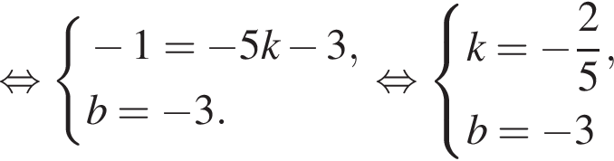  рав­но­силь­но си­сте­ма вы­ра­же­ний минус 1= минус 5k минус 3,b= минус 3. конец си­сте­мы . рав­но­силь­но си­сте­ма вы­ра­же­ний k= минус дробь: чис­ли­тель: 2, зна­ме­на­тель: 5 конец дроби ,b= минус 3 конец си­сте­мы . 