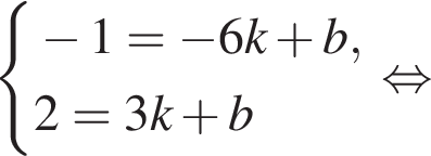  си­сте­ма вы­ра­же­ний минус 1= минус 6k плюс b,2=3k плюс b конец си­сте­мы . рав­но­силь­но 