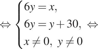  рав­но­силь­но си­сте­ма вы­ра­же­ний 6y = x, 6y = y плюс 30, x не равно 0, y не равно 0 конец си­сте­мы . рав­но­силь­но 