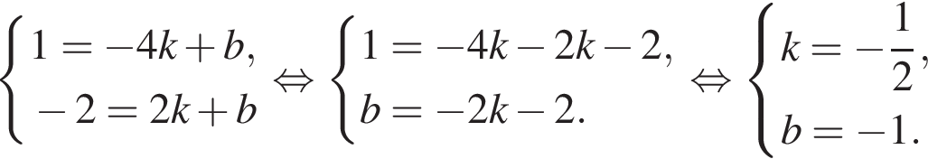  си­сте­ма вы­ра­же­ний 1= минус 4k плюс b, минус 2=2k плюс b конец си­сте­мы . рав­но­силь­но си­сте­ма вы­ра­же­ний 1= минус 4k минус 2k минус 2,b= минус 2k минус 2. конец си­сте­мы . рав­но­силь­но си­сте­ма вы­ра­же­ний k= минус дробь: чис­ли­тель: 1, зна­ме­на­тель: 2 конец дроби ,b= минус 1. конец си­сте­мы . 