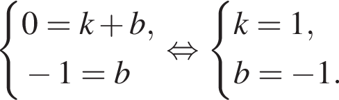  си­сте­ма вы­ра­же­ний 0=k плюс b, минус 1=b конец си­сте­мы . рав­но­силь­но си­сте­ма вы­ра­же­ний k=1,b= минус 1. конец си­сте­мы .