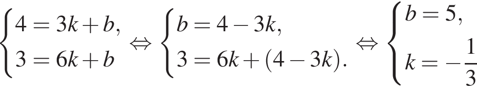  си­сте­ма вы­ра­же­ний 4=3k плюс b,3=6k плюс b конец си­сте­мы . рав­но­силь­но си­сте­ма вы­ра­же­ний b=4 минус 3k,3=6k плюс левая круг­лая скоб­ка 4 минус 3k пра­вая круг­лая скоб­ка . конец си­сте­мы . рав­но­силь­но си­сте­ма вы­ра­же­ний b=5,k= минус дробь: чис­ли­тель: 1, зна­ме­на­тель: 3 конец дроби конец си­сте­мы . 